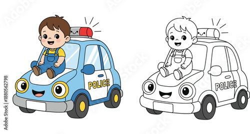 Cartoon little boy sitting on a cute police car. Coloring book page for kids with colored example and outline sketch. Vector illustration for children education.