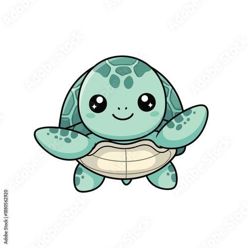 A cute cartoon turtle happily swims in clear water with a coral reef background Illustration.