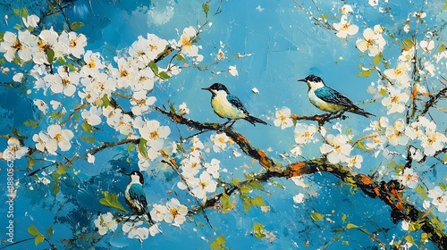 Colorful Birds on Blossom Tree Branches Against a Blue Sky