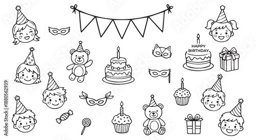 Black and white illustration of various birthday party elements and icons