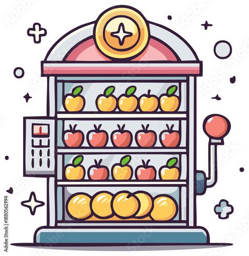 Vibrant Cartoon Fruit Vending Machine Game with Apples and Oranges Inside