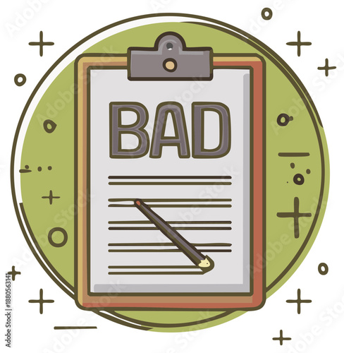 Cartoon clipboard with a bad evaluation report showing negative feedback and a poor grade