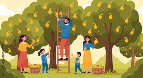 Family picking pears from trees in an orchard together