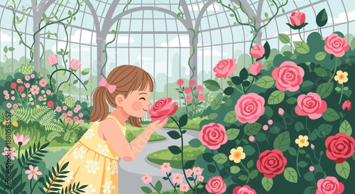 Little girl smelling a rose in a beautiful garden