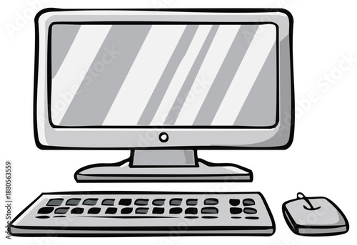 Simple Grayscale Computer Monitor Keyboard and Mouse Vector Illustration