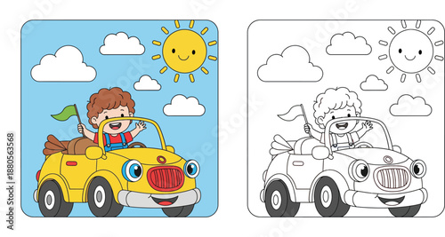 Coloring book page for kids cartoon happy boy driving a yellow car with flag under smiling sun vector illustration