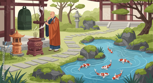 Serene Buddhist Monk in Traditional Japanese Garden Setting