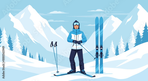 Skier standing on snowy mountain slope with equipment