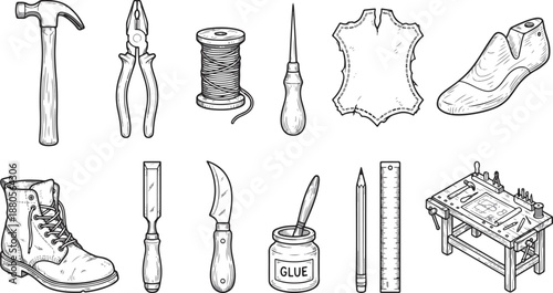 Set of 10 Black and White Shoemaking Craft Tools Vector Illustration