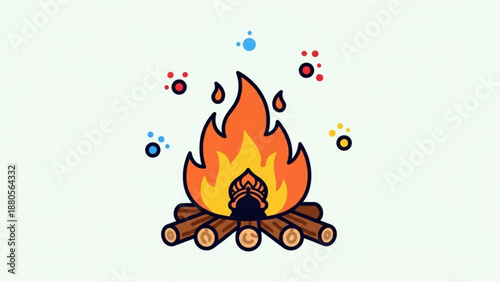 Colorful campfire with flames and sparks on a plain background symbolizing warmth and outdoor adventure