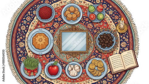 Traditional nowruz haft seen table setting with symbolic foods and book on colorful rug