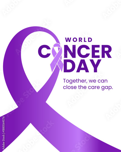 World Cancer Day Awareness Vector Illustration with Purple Ribbon and Care Gap Message