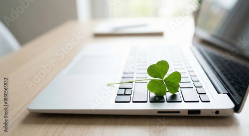 Laptop with Shamrock on Keyboard for Good Luck Concept