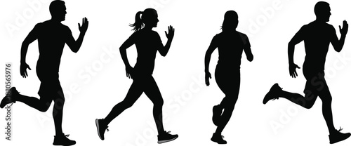 Running silhouettes of male and female figures in motion, fitness and sports activity illustration, health theme, transparent background graphic
