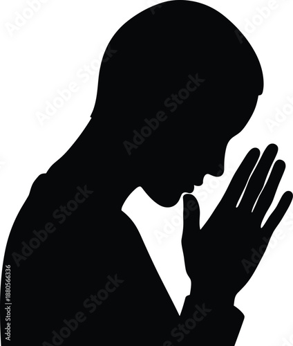 Silhouette of person in prayer pose with bowed head and clasped hands, spiritual and introspective theme, transparent background graphic
