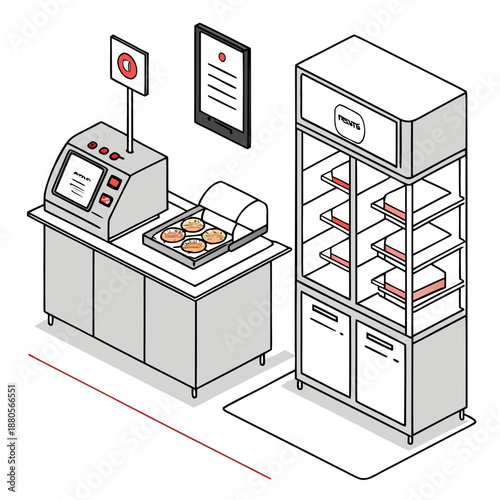 Sleek smart restaurant kitchen technology system with integrated automation for efficient food service.