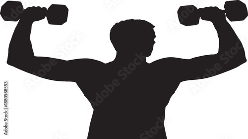Man lifting dumbbells gym exercise silhouette, strength training concept, clean flat vector illustration-