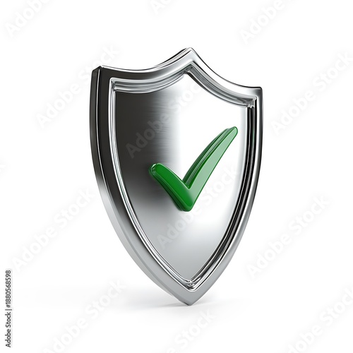 Shield with green checkmark isolated on white background