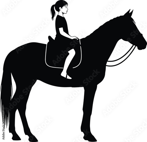 Silhouette of horseback rider with reins and ponytail, equestrian activity and human-animal interaction illustration, transparent background graphic