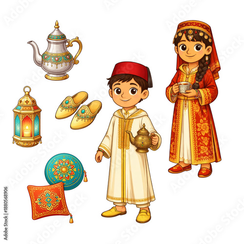 Moroccan culture children traditional clothing teapot lantern cartoon illustration set