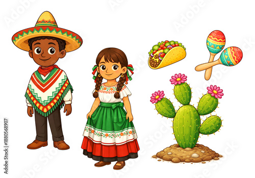 Mexican culture children traditional costumes sombrero cactus taco cartoon illustration set