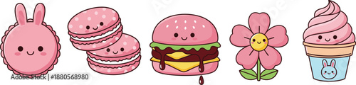 Cute pink kawaii dessert and character vector set with bunny, macarons, burger, flower and ice cream