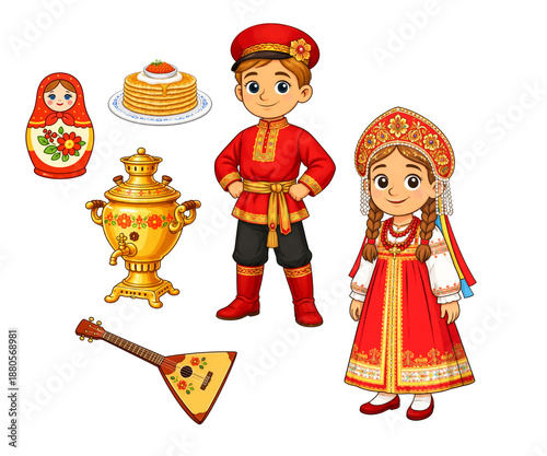Cute cartoon illustration set of Russian children in folk costumes with national symbols, samovar, balalaika, pancakes, matryoshka. Cultural clipart for kids, education, holidays and design projects