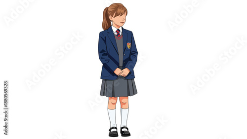 A young schoolgirl stands alone with hands clasped in uniform against a plain white background from a frontal viewpoint