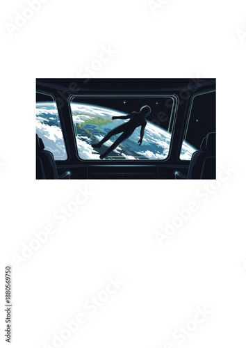 Space Tourism Silhouette, Person Floating in Zero Gravity Viewing Earth, Future Galactic Travel and Luxury Aerospace Vector Illustration
