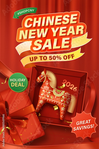 Chinese New Year 2026 Sale Banner Ads with Horse Zodiac Sign, Lantern, Golden Coin and Fireworks on Red Background. Vertical CNY Promotion Banner Design