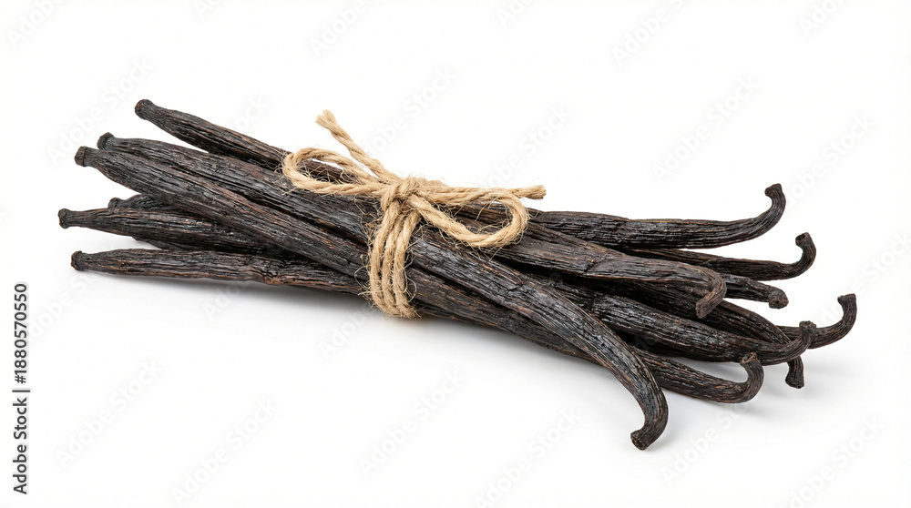 Fototapeta premium Dried Vanilla Pods Tied with Natural Jute on White Background - organic spice ingredient.