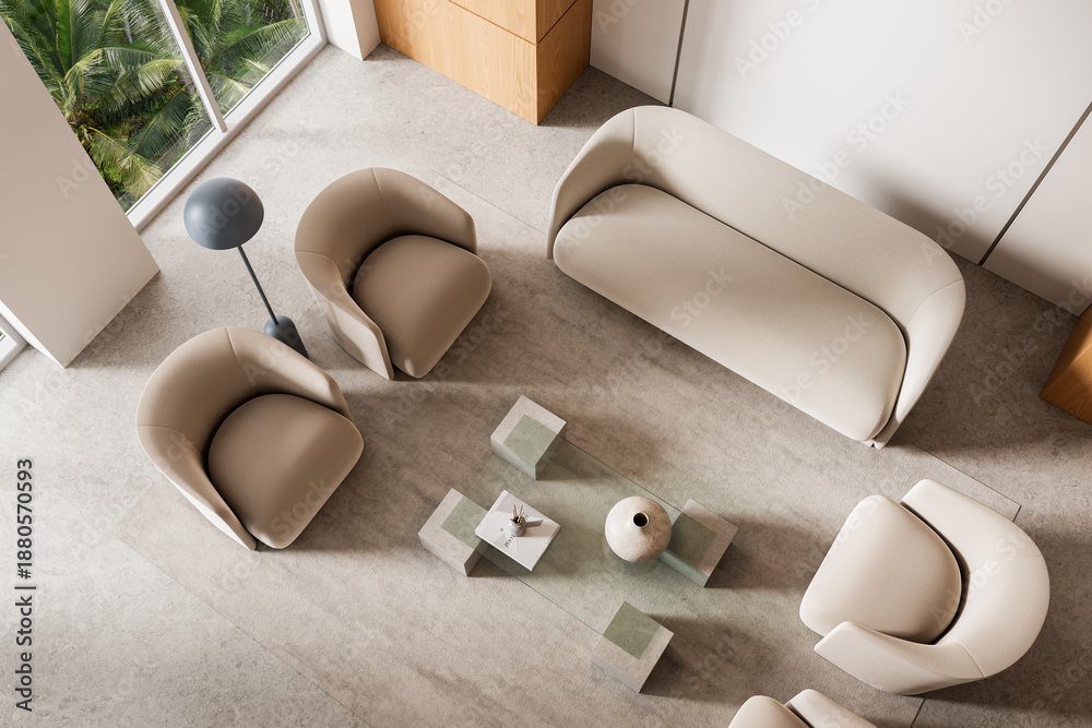 Naklejka premium Top view of elegant modern living room interior with beige armchairs, sofa and glass table on neutral carpet background in minimalist design concept. 3D Rendering