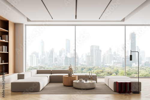 Modern minimalist living room interior with panoramic cityscape background and elegant neutral-tone furniture in bright daylight. 3D Rendering