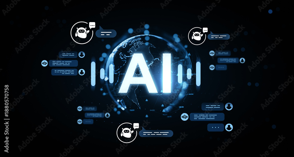 Fototapeta premium Futuristic AI chatbot interface with glowing hologram globe and digital speech bubbles on dark blur background, symbolizing artificial intelligence concept. 3D Rendering