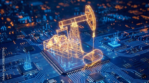 Digital twin of oil pumpjack on circuit board representing industrial data analytics.
