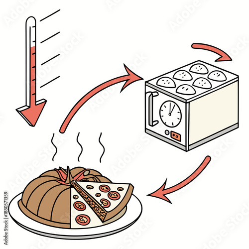 Food thermal shock processing technology concept, visualizing the effects of rapid temperature changes on food quality and structure with a white background.