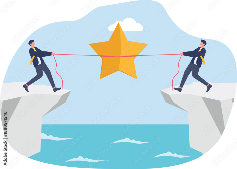 Obraz premium Two Businessmen Connecting Star Award Gap with Rope