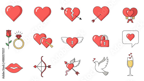 Valentines Day Heart Symbols and Icons Set.