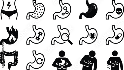 Comprehensive Collection of Human Stomach and Digestive Health Icons Featuring Gastric Ache Inflammation Heartburn Anatomy Medical Care and Gastrointestinal Treatment Symbols for Healthcare Design
