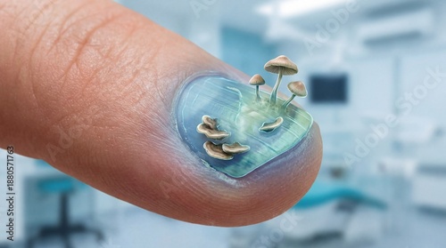 Close up of fungal nail infection conceptualized with small mushrooms on fingernail.