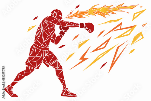 Dynamic geometric boxer unleashing a powerful fiery punch with explosive energy