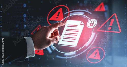 Photos Cybersecurity document breach warning concept with hand interacting on futuristic digital interface background highlighting data risk alert symbols