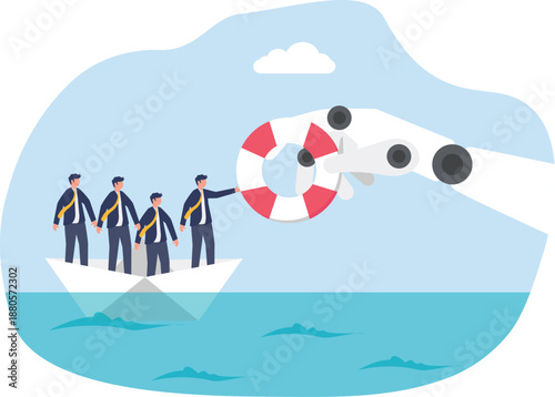 Robot Hand Giving Lifebuoy Ring to Men in Boat