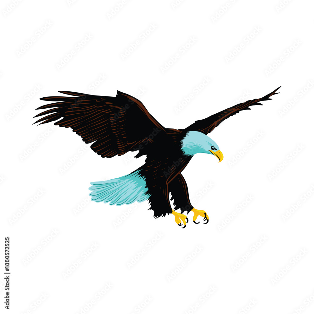 Obraz premium Majestic flying bald eagle vector with spread wings. High-quality bird of prey illustration for wildlife, nature, and patriotic branding projects. Isolated on white background. Majestic Bird of Prey.