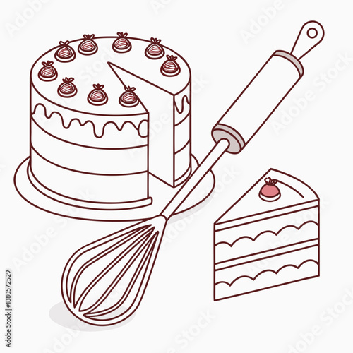 Cake, Whisk, and Slice with Rolling Pin