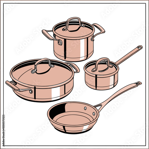 Assortment of Copper Pots and Pans for Cooking