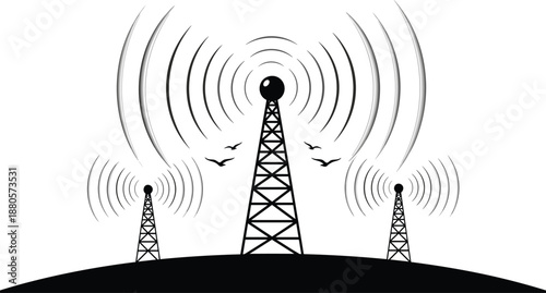 Radio communication tower signal illustration with wireless broadcasting antennas waves network transmission technology concept silhouette vector design icon