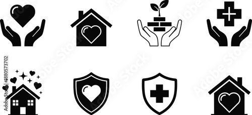 Charity care and support icon set featuring love home health protection and helping hands symbols in solid black vector style