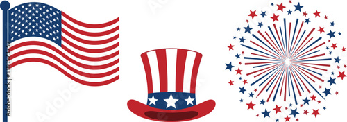 USA Independence Day patriotic vector set featuring American flag Uncle Sam hat and red blue fireworks celebration design