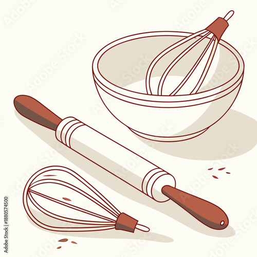 Baking Utensils and Bowl with Wooden Handles